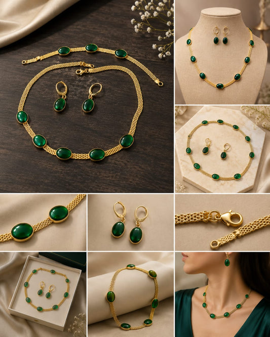 Oval Green Crystal Pendant Necklace with Bracelet